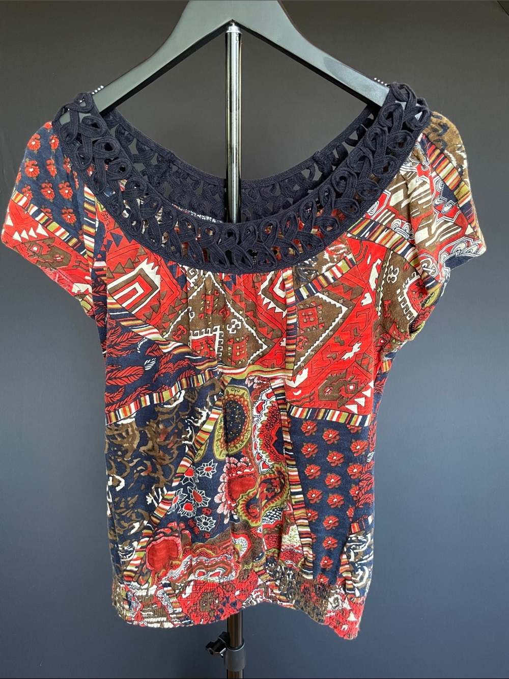 Lucky Brand Boho Patchwork Navy Crochet Neck Peasant Top XS